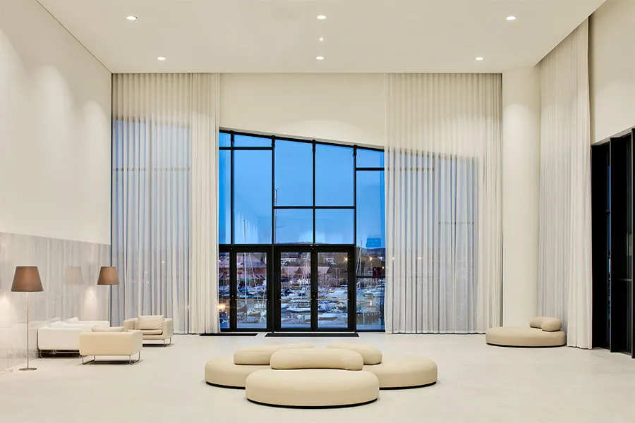 The entrance hall at the Algarve Congress Centre overlooking Vilamoura Marina