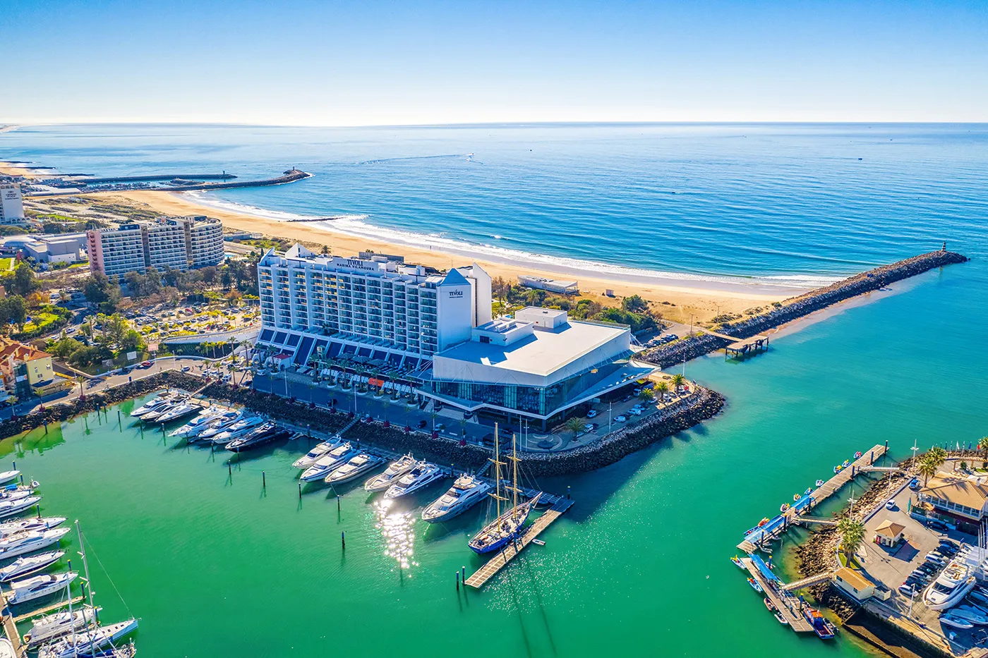 View of the Algarve Congress Centre, ocean and Vilamoura Marina